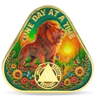 Imagem de Masfoponic Moeda de sobriedade do triângulo do leão da floresta nascer do sol de 6 anos - Medalhão NA de um dia de cada vez - Token espiritual para recuperação e tempo limpo - Empoderando chips NA AA