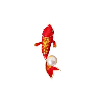 Imagem de Broche de imitação de pérola de esmalte vermelho peixe para mulheres tom dourado moda animais marinhos broches lapela lindo terno elegante vestido acessórios praia férias Bff