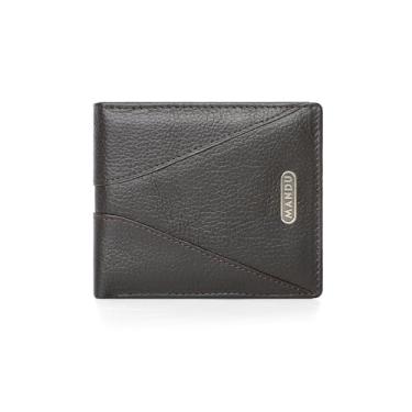 Imagem de Carteira masculina de couro bovino retrô curta, com bloqueio de RFID, 1 bolso para moedas, 5 compartimentos para cartão e 1 janela para identidade, Café, 12cm x 9.5cm, Clássico