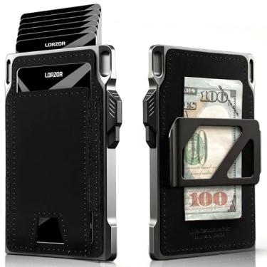 Imagem de LORZOR Carteira tática fina - carteira minimalista para homens, couro de flor integral, porta-cartão de alumínio, carteira com bolso frontal RFID, capa para cartão pop-up inteligente, capacidade para