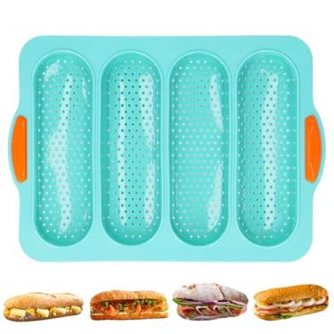 Imagem de Forma de pão de 4 furos, formas de rolo de jantar para assar baguete antiaderente molde de silicone para assar pão baguete francês (verde)