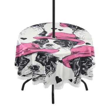 Imagem de Blueangle Toalha de mesa redonda para cães com chapéu rosa à prova d'água de 152 cm com orifício para guarda-chuva - Tecido resistente à prova de sol para todos os climas, acessórios para pátio