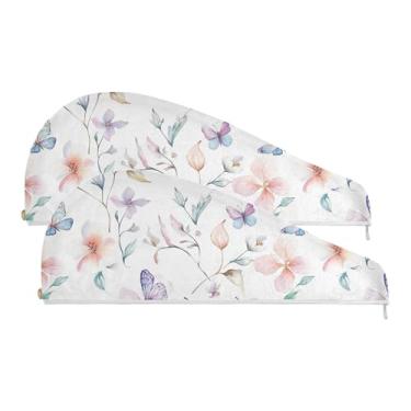 Imagem de SEHANY Toalha de cabelo de microfibra de flores coloridas elegantes para mulheres, 2 peças, turbantes de cabelo de secagem rápida com botão, touca de cabelo seco absorvente toalha de secagem de cabelo