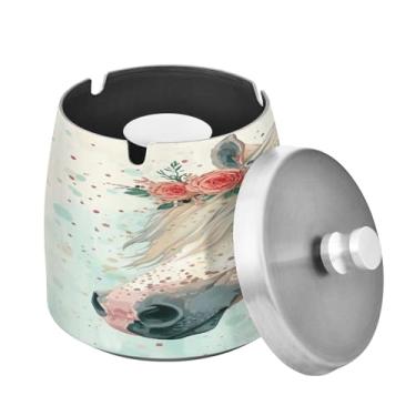 Imagem de Blueangle Cinzeiro de cavalo cinza floral com tampa para cigarros, à prova de vento/chuva, aço inoxidável, sem fumaça, inodoro, cinzeiro para uso interno ou externo (119)