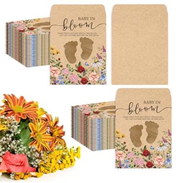 Imagem de JarThenaAMCS 50 pacotes de sementes de chá de bebê de flores silvestres envelope kraft autoadesivo com janela de pegada floral vintage para bebês em flor, bolsos de armazenamento de sementes para