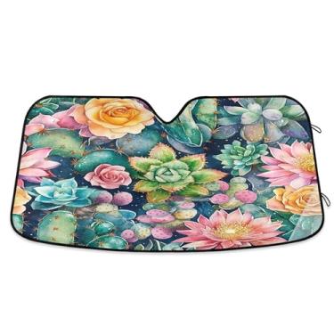 Imagem de SEHANY Pára-brisa de carro cacto planta verde para-sol dobrável janela frontal protetor de viseira solar para carro, SUV, caminhão - Mantenha o veículo fresco, 133 x 23,5 polegadas