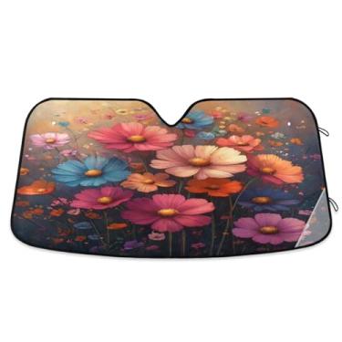 Imagem de ATTX Pára-brisas de carro pintura margaridas 144.8 cm x 80.0 cm escudo solar universal com proteção UV, persiana de janela frontal automática dobrável para sedãs SUVs caminhões #40