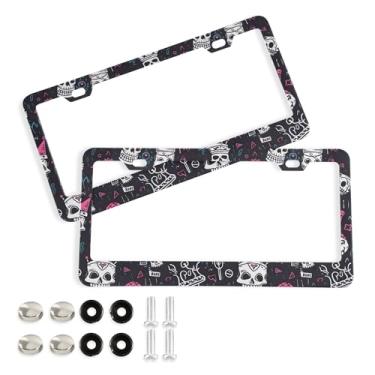 Imagem de SEHANY Molduras de placa de carro vintage rosa crânio, capas de alumínio à prova de ferrugem com furos elípticos e parafusos serve para veículos padrão dos EUA tamanho acessórios de carro para