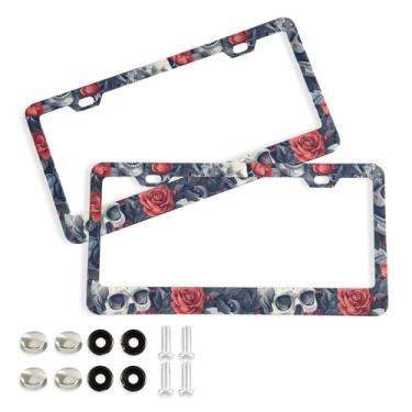Imagem de SEHANY Molduras de placa de carro vintage rosa crânio, capas de alumínio à prova de ferrugem com furos elípticos e parafusos serve para veículos padrão dos EUA tamanho acessórios de carro para