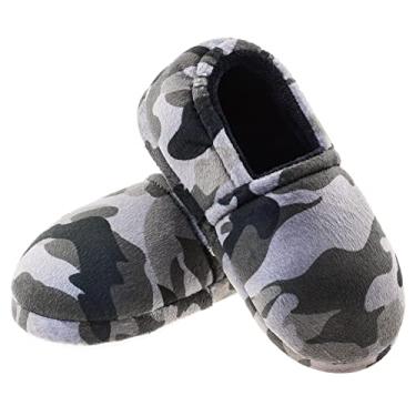 Imagem de Pantufas de pelúcia para meninos e crianças da LA PLAGE, aconchegantes, cinza, confortáveis, para uso interno, sem cadarço, com sola rígida, Camouflage Grey, 1-2 Big Kid