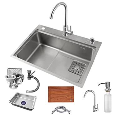 Imagem de Lava-louças cozinha 1 seio e escorredor redondo, lava-louças de cozinha aço inoxidável lava-louças grande com 1 orifício drenagem direita e tubo de desbaste sobre bancada, baixo balcão ou arrumado