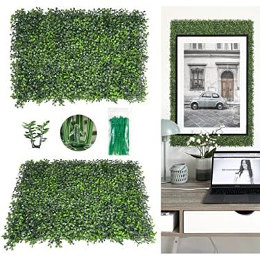 Imagem de Bybeton Painéis de buxo artificiais, 61 cm x 40 cm (12 peças) 4 camadas de folhas de fundo de parede de grama anti-UV para ambientes internos e externos, decoração de tela de jardim, varanda, cerca de