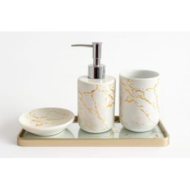 Imagem de Kit Banheiro 4 Peças em Cerâmica Mármore Branco e Dourado, Dispenser, Porta Escova e Saboneteira com Bandeja