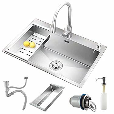 Imagem de HGTRH Pia de cozinha aço inoxidável, pia embutida pia pia para cozinha aço inoxidável aço inoxidável pia embutida espaço cozinha conjunto pia única com sifão resistente a manchas e fácil de cuidar