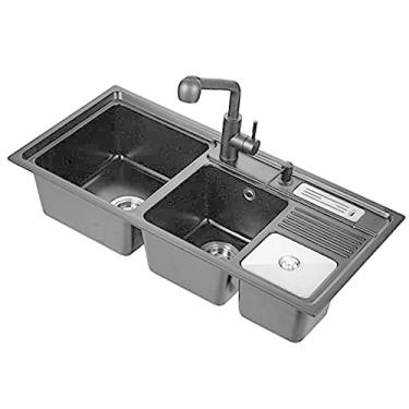 Imagem de HGTRH Pia de cozinha com torneira, pia embutida para cozinha para montagem na superfície superior e plana, inclui dispensador de sabão, conjunto de drenagem pia de granito 92 x 45 cm preto