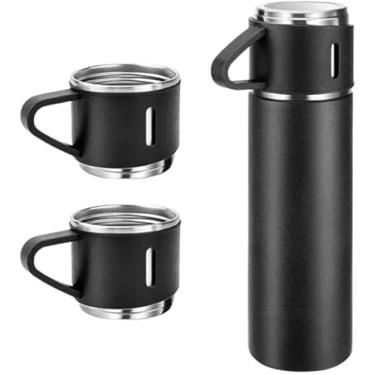 Imagem de Kit Garrafa Térmica Inox 500ml com 3 Xícaras Portátil Ideal para Camping Viagem e Uso Diário (Preto)