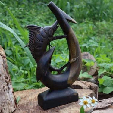 Imagem de Peixe marlin de 28 cm com anzol de pesca havaiano Maui da Moana, madeira, polinésio, entalhe em madeira