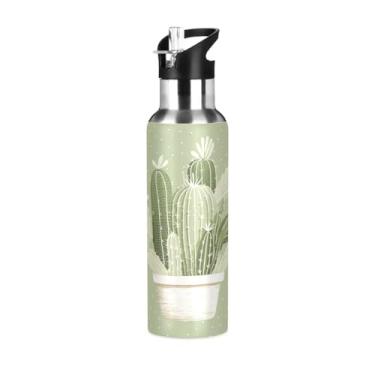 Imagem de Wassud Garrafa de água cacto em vaso garrafa de água esportiva de aço inoxidável com canudo garrafas de água isoladas copo portátil de viagem 623 g