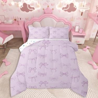 Imagem de jejeloiu Conjunto de cama macio para meninos e meninas, conjunto de edredom casal com laço e gravata borboleta de microfibra, estilo princesa sonhadora, decoração de quarto, 3 peças com 2 fronhas