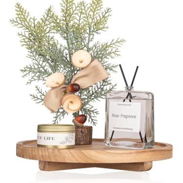 Imagem de Bandeja decorativa redonda de 25,4 cm organizador de balcão de banheiro de madeira decoração de cozinha de fazenda elevação de madeira para saboneteira, perfume, vela, esponja, marrom