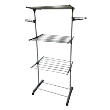 Imagem de Varal de Chão 3 Andares com Cabideiro, 6 Prateleiras Reguláveis, 4 Rodízios com Travas, Cinza, Dobrável, Portátil, ABS e Aço, 170x70x65cm, Suporta até 48kg