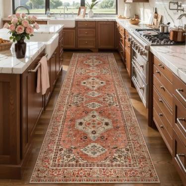 Imagem de Tangsoo Boho Tapete de corredor 7,5 x 20,3 cm para corredor, tapetes de corredor laváveis, antiderrapante, vintage, macio, para corredor, tapete de terracota oriental de 2,4 m para cozinha, quarto