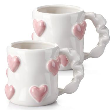 Imagem de Vesici 2 peças de caneca de café coração 3D dos namorados 482 g copos de cerâmica rosa amor dia dos namorados caneca de casal bonito copos de alívio feitos à mão para o dia dos namorados, aniversário