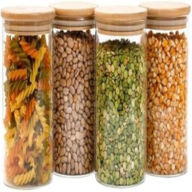 Imagem de Pote hermetico de armazenamento para cozinha, transparente, com tampa de bambu, 600ml, util.