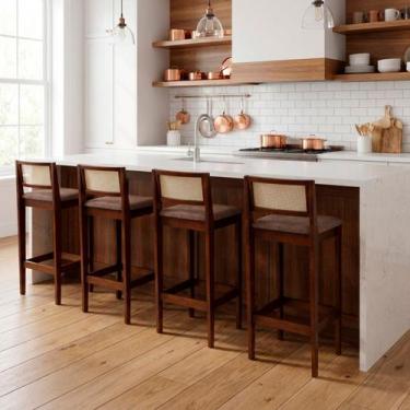 Imagem de Kit 4 Banquetas Estofada em Linho Encosto Palhinha Bruna cor:imbuia co