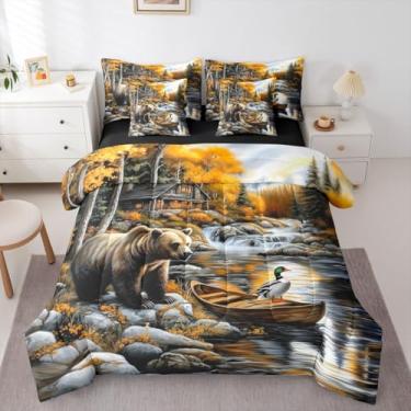 Imagem de Erosebridal Conjunto de cama King Bear Mallards com 7 peças, patos selvagens, barco e cabana em um saco, folhas de bordo, cenário natural, para adolescentes, homens e mulheres