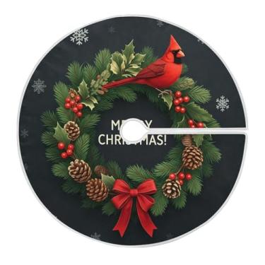 Imagem de Qilmy Saia de árvore de Natal com padrão de guirlanda de Natal, tapete de cobertura de base de árvore redondo de 128 cm, ornamentos festivos de Natal para decoração de festas de inverno em casa