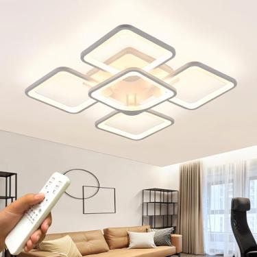 Imagem de Luminária de teto LED, lustre moderno de acrílico com 5 anéis, controle remoto e intensidade de luz ajustável de 3000 a 6000K, ideal para sala de estar, quarto e banheiro. Dimensões: 60×60×1