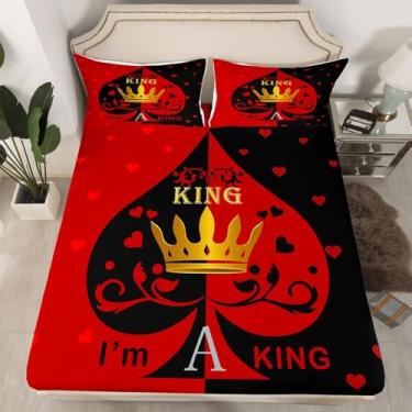 Imagem de Manfei Jogo de cama solteiro King Crown com estampa de corações vermelhos para decoração de quarto de meninos e meninas, preto e vermelho com 1 fronha, cama de poliéster macio, sem lençol de cima