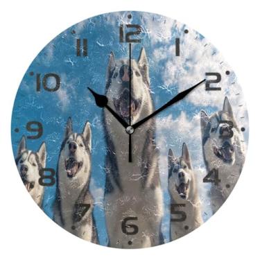 Imagem de JUZIHAI Husky Dogs Relógio de parede silencioso, redondo, sem tique-taque, operado por bateria, fácil de ler, relógio decorativo de parede para casa, cozinha, sala de estar, quarto, escritório, 25 cm