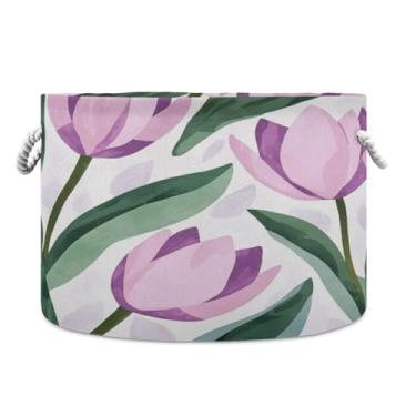 Imagem de JUZIHAI Cesta de armazenamento dobrável de flores de tulipa para bebê, cesto de roupa suja, cobertor com alças de corda de algodão, caixa organizadora de armário dobrável para quarto, berçário, casa