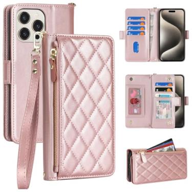 Imagem de Jaorty Capa carteira flip compatível com iPhone 15 Pro Max para Apple 15 Pro Max rosa couro PU, losango para mulheres e homens, bolso com zíper, suporte, alça de pulso, porta-cartão, 17 cm