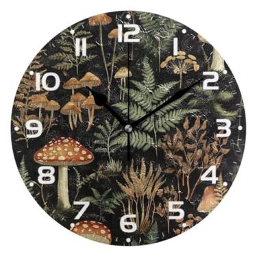 Imagem de JUZIHAI Relógio de parede com cogumelos silencioso, sem tique-taque, redondo, operado por bateria, fácil de ler, relógio decorativo de parede para casa, cozinha, sala de estar, quarto, escritório, 25