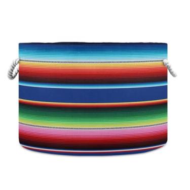 Imagem de JUZIHAI Cobertor mexicano Serape listrado, dobrável, redondo, cesto de roupa suja para bebês com alças de corda de algodão para cobertores, brinquedos, berçário, quarto, decoração de casa 50 x 35 cm