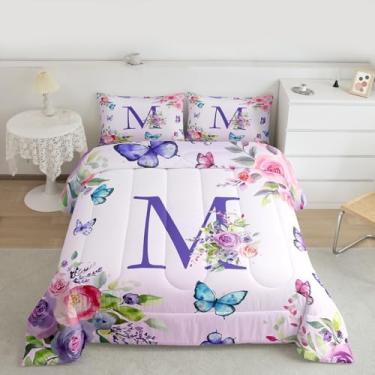 Imagem de jejeloiu Conjunto de edredom solteiro com borboletas lindas para meninas, adolescentes, letra M, monograma, decoração de quarto, 2 peças com 1 fronha