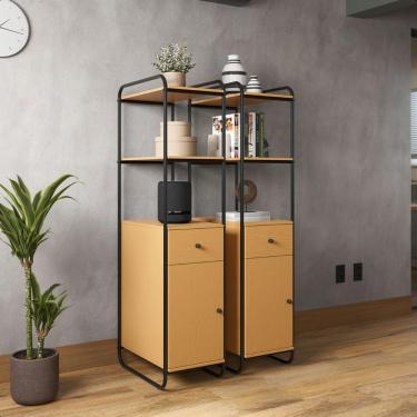 Imagem de Estante Livreiro Office Industrial Em Aço E Madeira Criare Canela