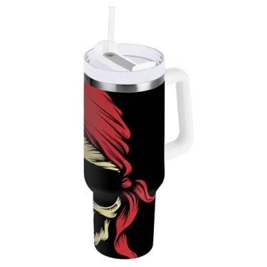 Imagem de ODAWA Copo grande de caveira pirata preto com tampa e canudo, copo isolado de aço inoxidável