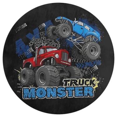 Imagem de Kuizee Tapete redondo azul caminhão monstro menino sala de estar quarto banheiro cozinha decoração de casa tapete redondo antiderrapante 91 cm