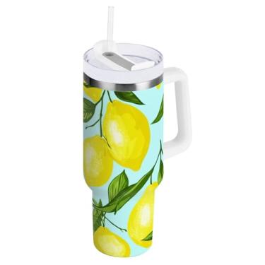 Imagem de ODAWA Copo de café grande para viagem com canudo e alça, copo à prova de vazamento azul claro com folhas de limão