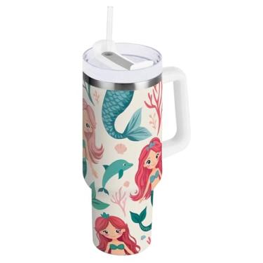 Imagem de ODAWA Copo de aço inoxidável isolado bege coral sereia com alça e canudo, copo isolado grande