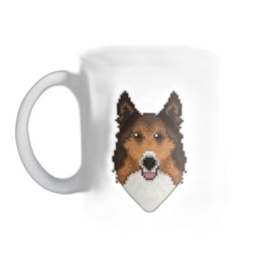 Imagem de Caneca Xícara de Café Porcelana 300ml Estilo Pixel Art Cabeça de Cachorro Collie