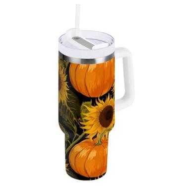 Imagem de Copo com isolamento duplo de girassol de abóbora com tampa e canudo para água, caneca isolada 850 g / 0,89 L