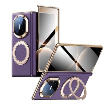 Imagem de HAOMRIYL Capa de couro genuíno para Huawei Mate X7, capa de suporte de anel magnético, protetor de dobradiça para câmera de tela integrada, capa de borda galvanizada, roxa, Mate X7