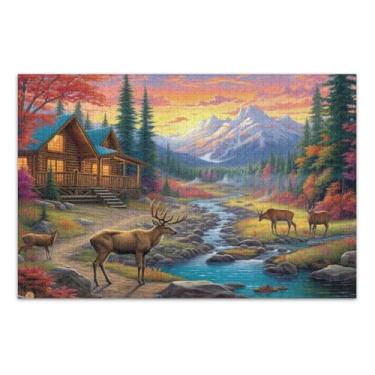 Imagem de Cabana de pinho com alce quebra-cabeças difíceis para adultos com letras nas costas quebra-cabeças 1000 peças