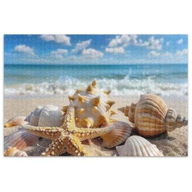 Imagem de Quebra-cabeça praia areia estrela do mar concha adulto 500 peças presentes para elefante branco jogo paisagem quebra-cabeça família brinquedo arte