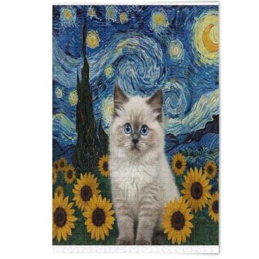 Imagem de Cute Ragdoll Starry Night Cat Jigsaw Puzzle Adult 500 Pieces, Family Puzzle Lovers Gifts Fun Art Puzzles Adults Decorative Animal Art Decor, 500 Pieces, 20.5" x 14.9"